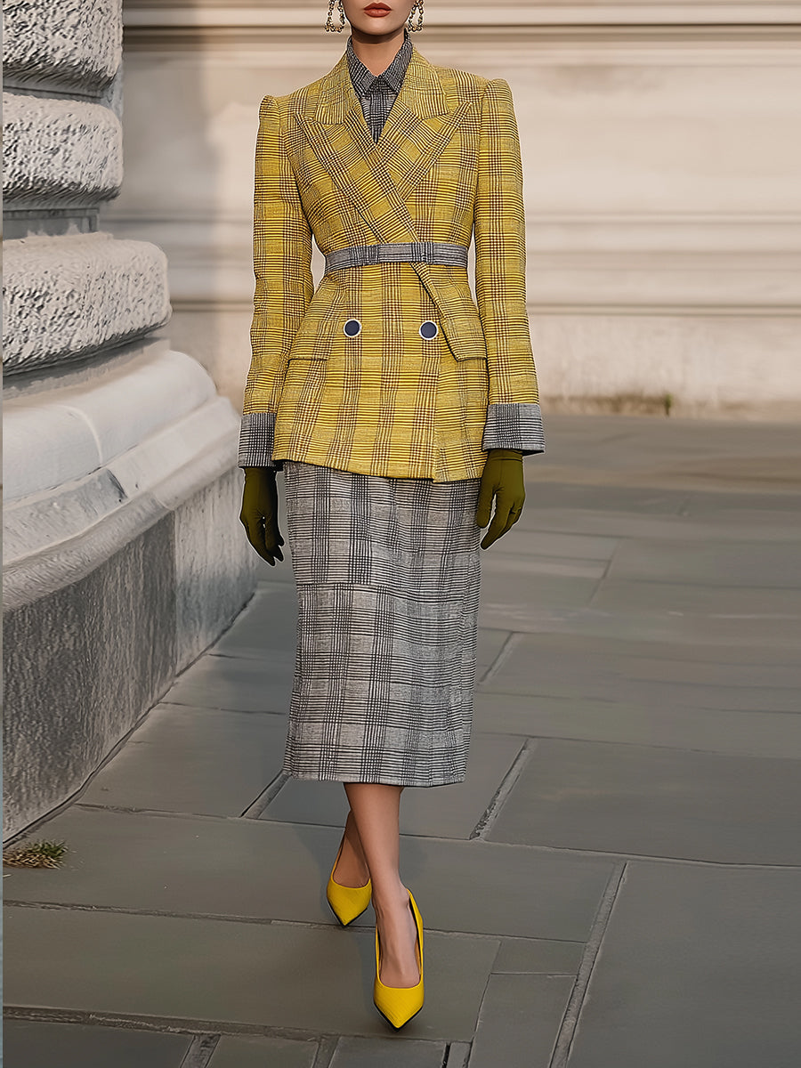 Structured Yellow Plaid Double-Breasted Blazer & Grey Plaid Midi Skirt Set