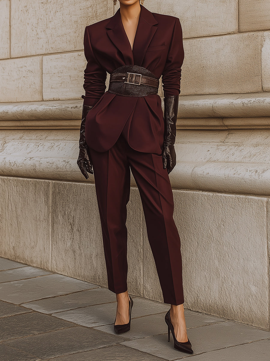 Power Dressing Style Burgundy Sculptural Wool Suit With Glossy Crocodile Eco-leather Waistband