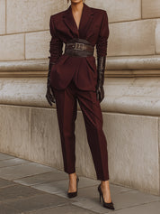 Power Dressing Style Burgundy Sculptural Wool Suit With Glossy Crocodile Eco-leather Waistband