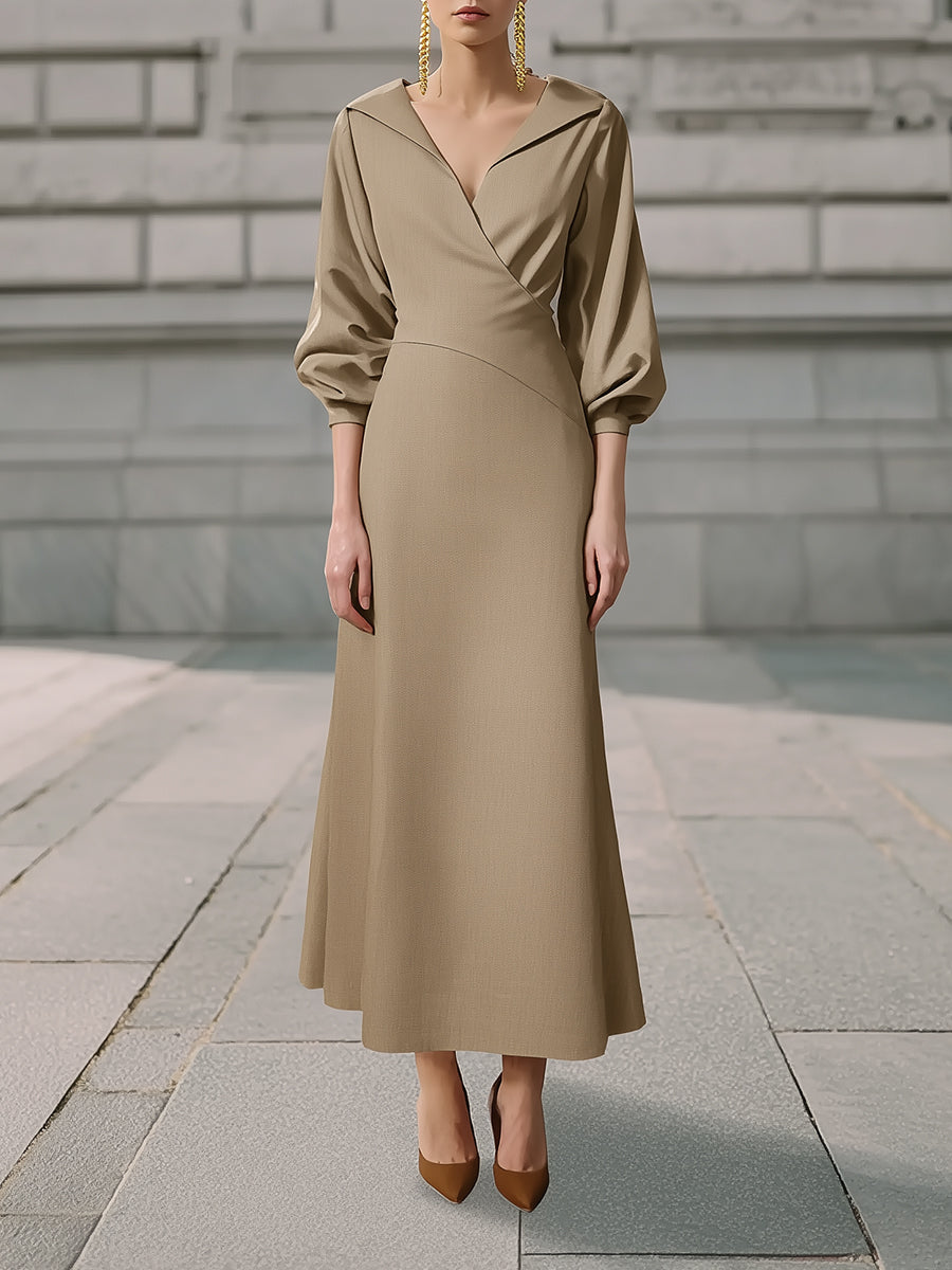Minimalist Camel Wrap Collar Wool Blend Maxi Dress