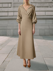 Minimalist Camel Wrap Collar Wool Blend Maxi Dress