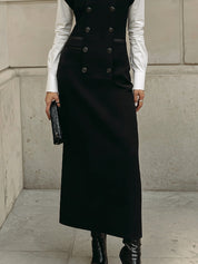Androgynous Chic Slim-fit Double-breasted Cap-sleeve Maxi Dress