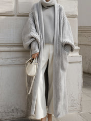 Chic Wide Lantern Sleeve Knit Patch Pocket Mid-length Cardigan