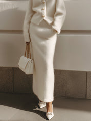 Minimalist Seahorse Wool Knitted Cardigan & Slim-fitting Diagonal Pocket Skirt Set