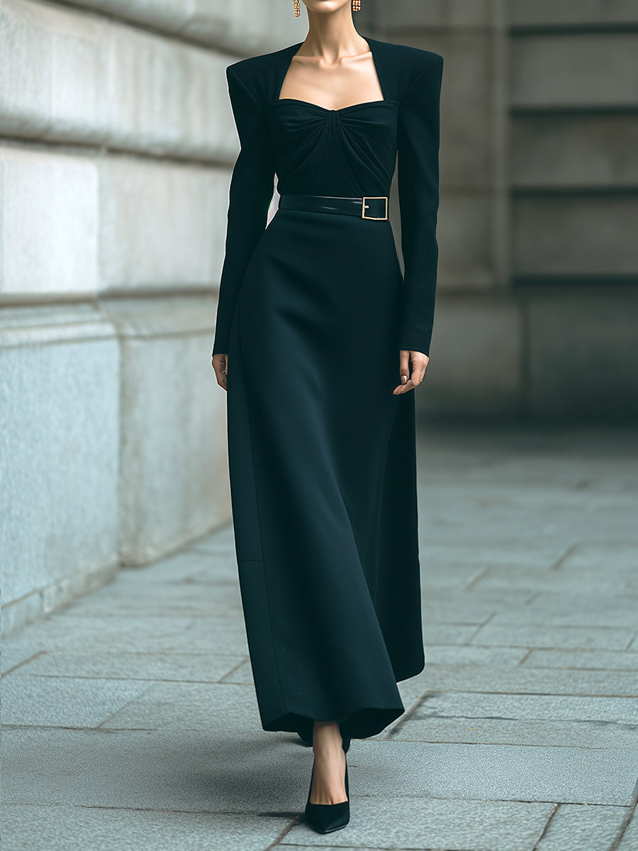 Old Money Draped Waist Black Wool Blend Maxi Dress