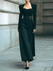 Old Money Draped Waist Black Wool Blend Maxi Dress