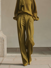Stylish Waffle Scarf Collar Top & Satin Pleated Straight Pants Set