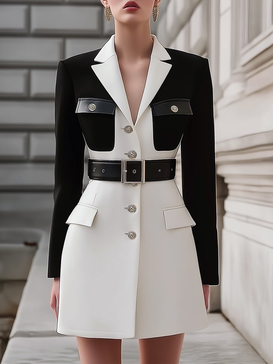 Old Money Contrast Panel Blazer Wool Blend Mini Dress