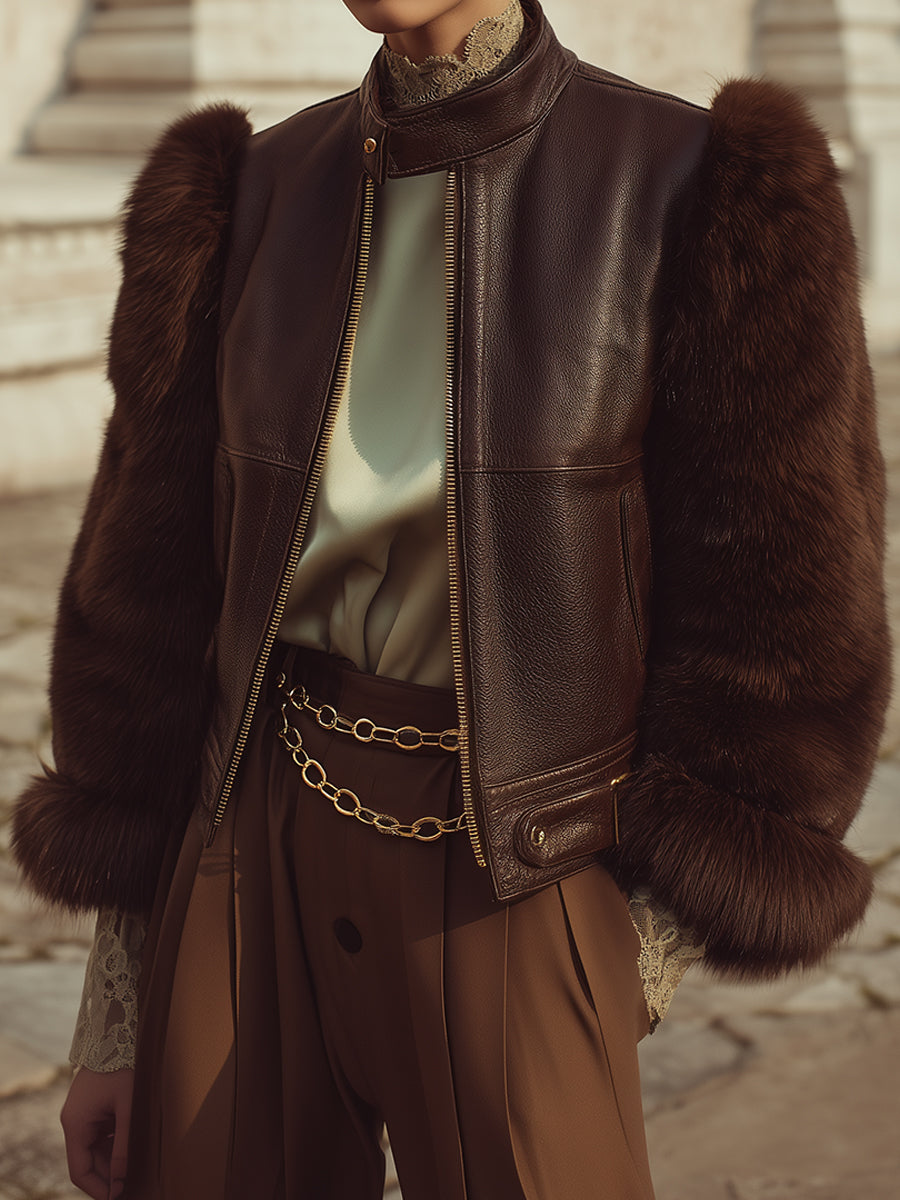 Modern Vintage Structured Faux Fur-Sleeve Eco-Friendly Leather Bomber Jacket