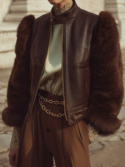 Modern Vintage Structured Faux Fur-Sleeve Eco-Friendly Leather Bomber Jacket