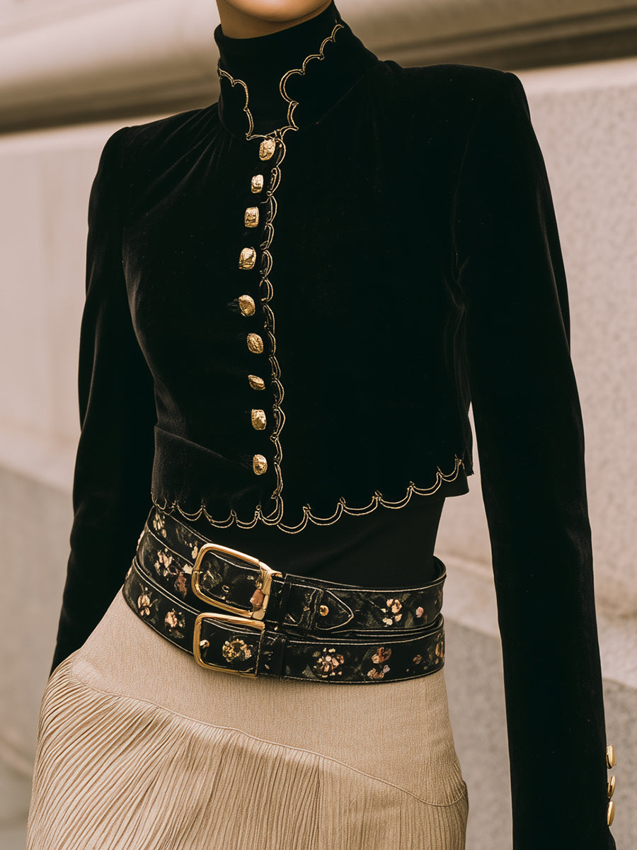 Vintage Polyester Velvet Wave-trimmed Embroidered Cropped Jacket