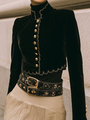 Vintage Polyester Velvet Wave-trimmed Embroidered Cropped Jacket