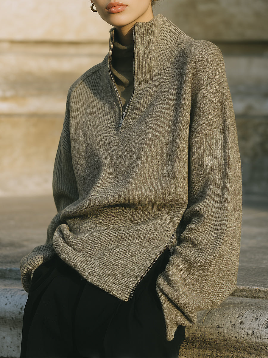 Old Money Half Turtleneck Side Zipper Drop Sleeve Knitted Sweater