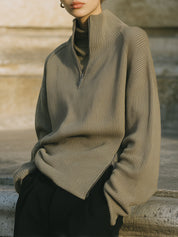 Old Money Half Turtleneck Side Zipper Drop Sleeve Knitted Sweater