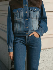 Minimalist Layered Sense Two-Tone Denim-Corduoy Jacket