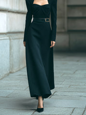 Old Money Draped Waist Black Wool Blend Maxi Dress