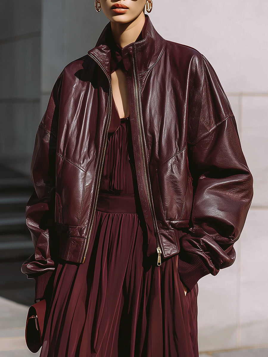 Simple Eco-friendly Leather Oversized Threaded Patchwork Jacket