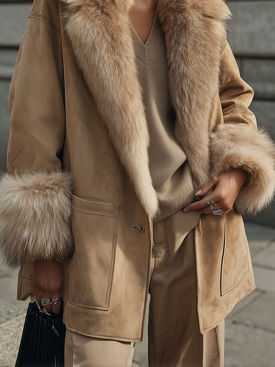 Androgynous Chic Eco-friendly Suede Detachable Faux Fur Collar Jacket