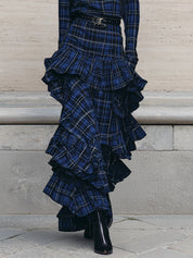 Uniquely Designed Cotton Plaid Multi-layer Ruffle Hem Maxi Dress