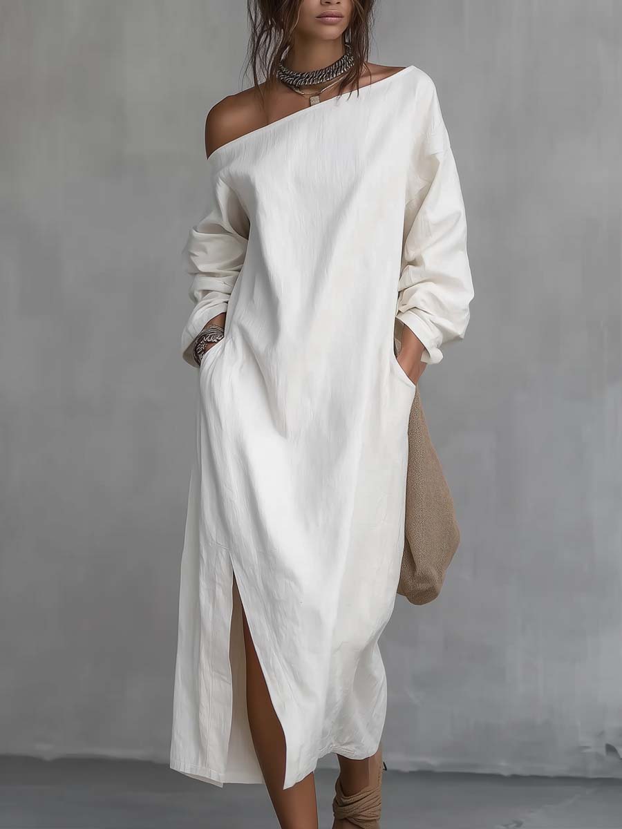 Cotton Linen Off-Shoulder Linen Midi Dress with Slit in Ivory| Gloeria GLOERIA Cotton Linen Off-Shoulder Linen Midi Dress with Slit in Ivory| Gloeria GLOERIA