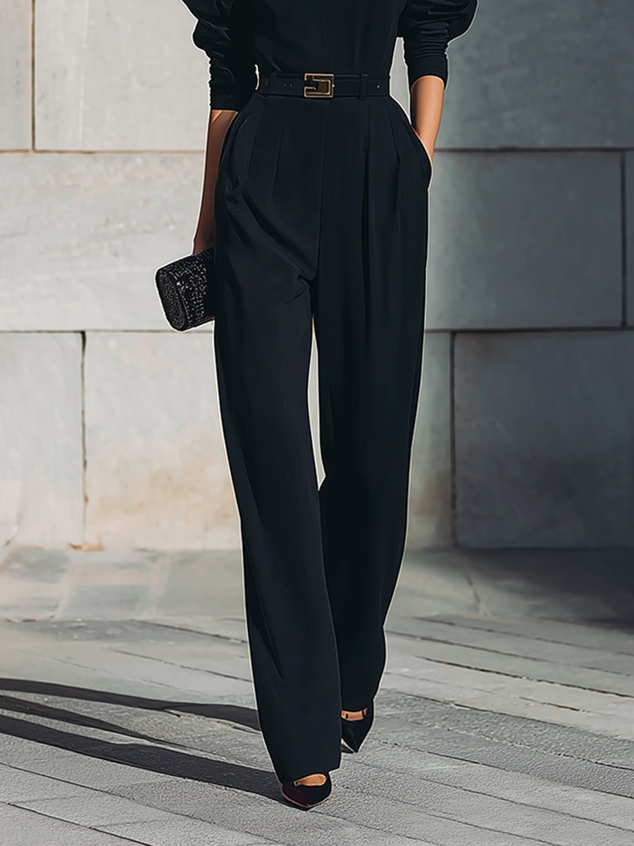 Minimalist Keyhole Neck Gigot Sleeve Cotton Blend Straight Jumpsuit