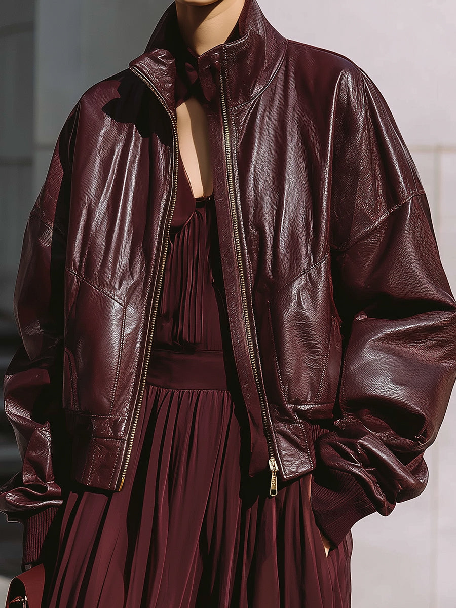 Simple Eco-friendly Leather Oversized Threaded Patchwork Jacket