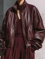 Simple Eco-friendly Leather Oversized Threaded Patchwork Jacket