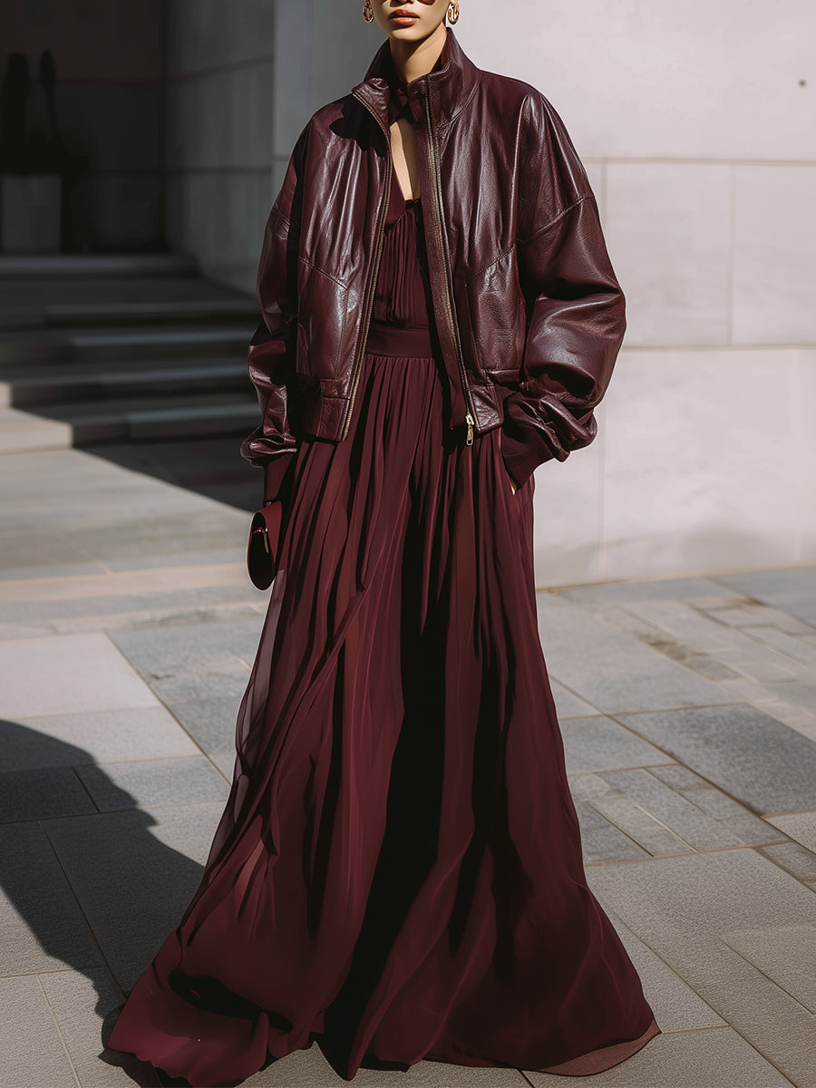 Simple Eco-friendly Leather Oversized Threaded Patchwork Jacket