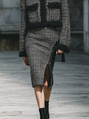 Power Dressing Suit Tweed Sherpa Patchwork Jacket & Front Slit Skirt Set