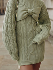Unique Bow-knit Cable-knit Drop Sleeve Mini Dress With Bow On The Chest
