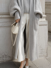 Chic Wide Lantern Sleeve Knit Patch Pocket Mid-length Cardigan