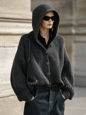 Uniquely Designed Oversized Knitted Hooded Single-breasted Cardigan