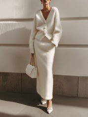 Minimalist Seahorse Wool Knitted Cardigan & Slim-fitting Diagonal Pocket Skirt Set