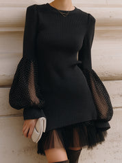 Retro Polka Dot Lantern Sleeve Mesh Splicing Knitted Mini Dress