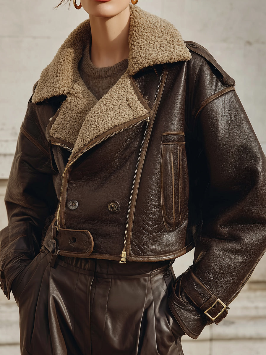 Old Money Eco-Friendly Leather Faux Fur Cropped Boxy Aviator Jacket