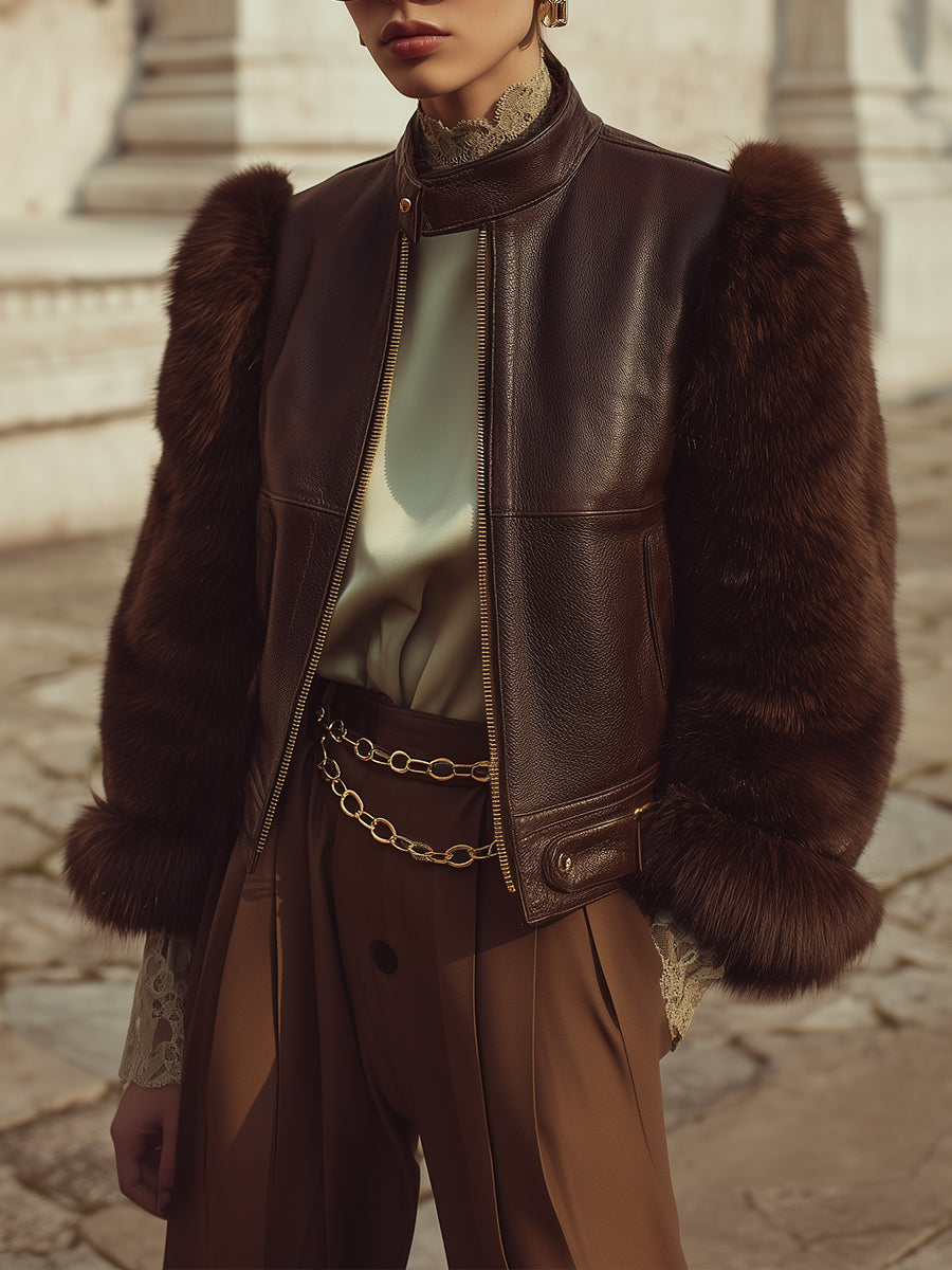 Modern Vintage Structured Faux Fur-Sleeve Eco-Friendly Leather Bomber Jacket