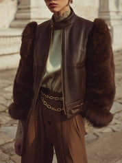 Modern Vintage Structured Faux Fur-Sleeve Eco-Friendly Leather Bomber Jacket
