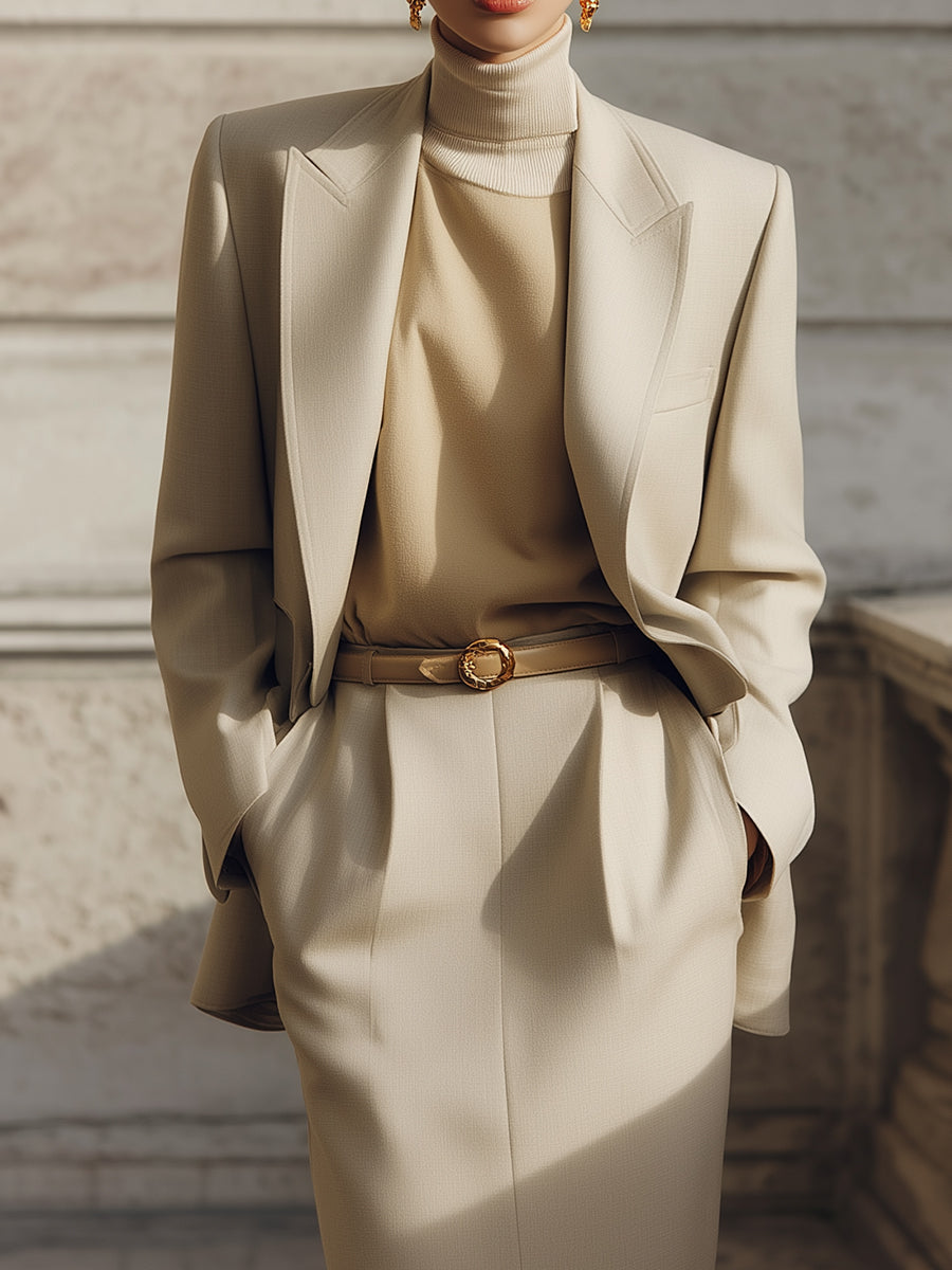 Androgynous Chic Lapel Blzaer & Diagonal Pockets Back Slit Cotton Skirt Set