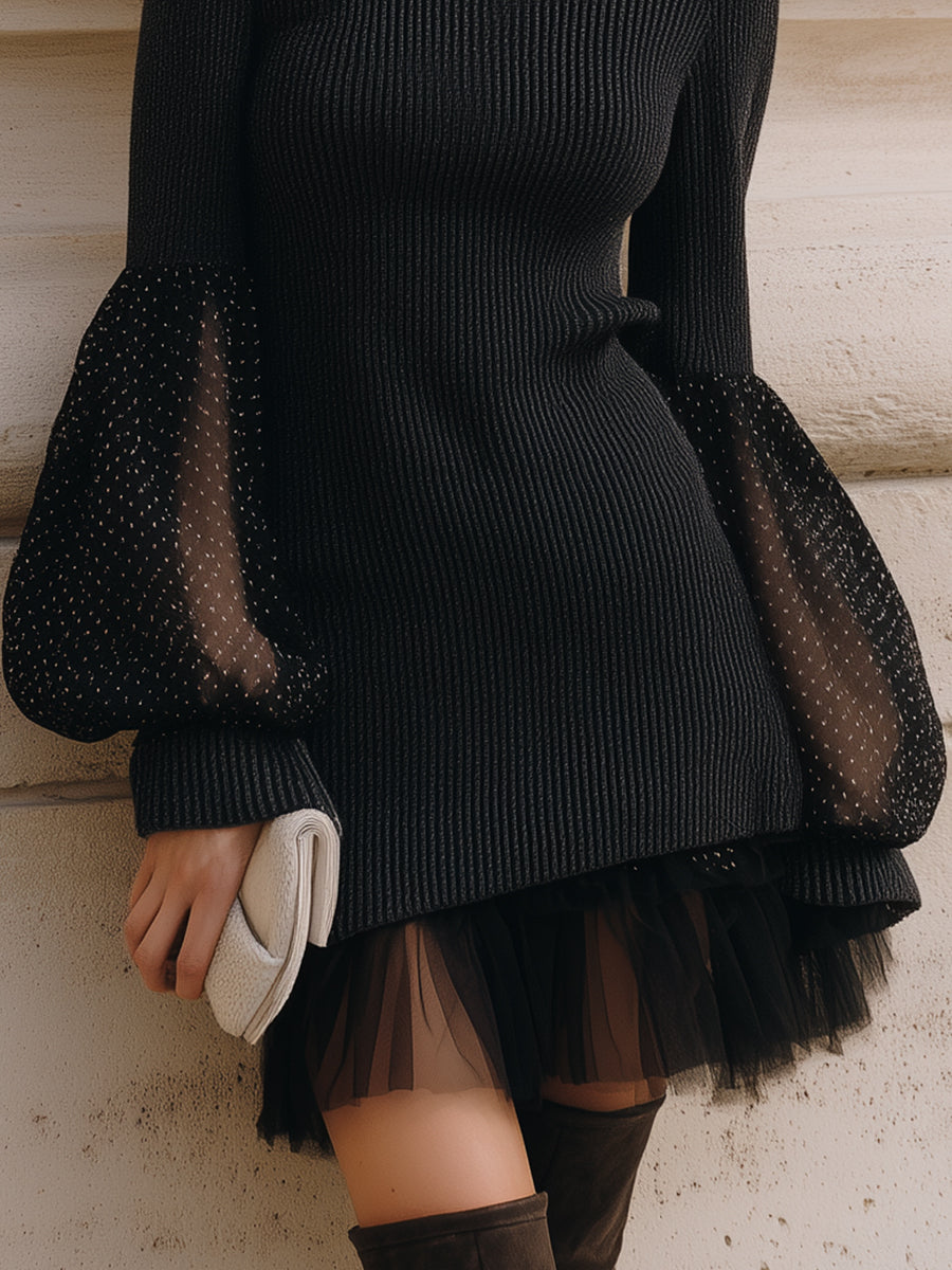 Retro Polka Dot Lantern Sleeve Mesh Splicing Knitted Mini Dress