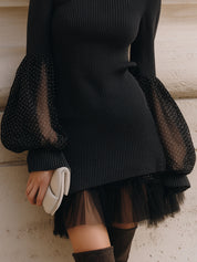 Retro Polka Dot Lantern Sleeve Mesh Splicing Knitted Mini Dress