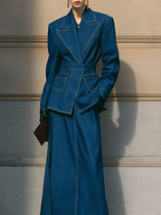 Classic Power Dressing Suit Washed Belted Denim Blazer & A-line Skirt Set