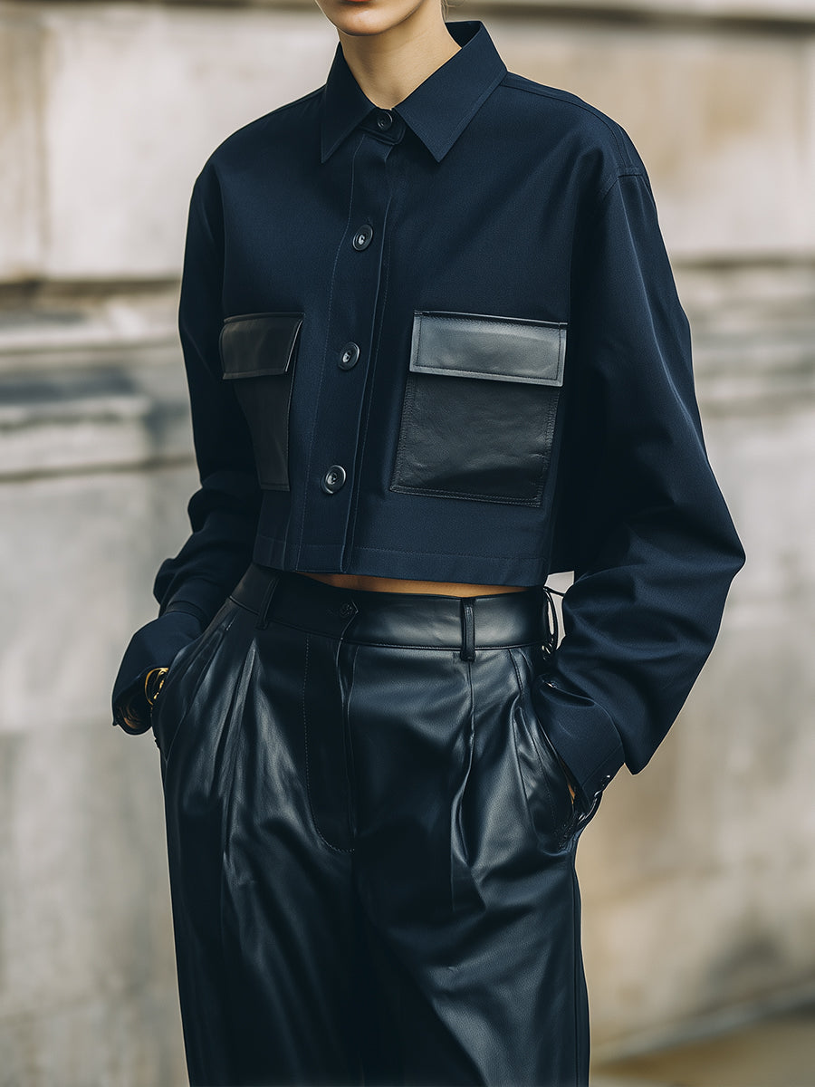 Androgynous Minimalist Cropped Wool Blend Jacket With Eco-friendly Leather Patch Pockets