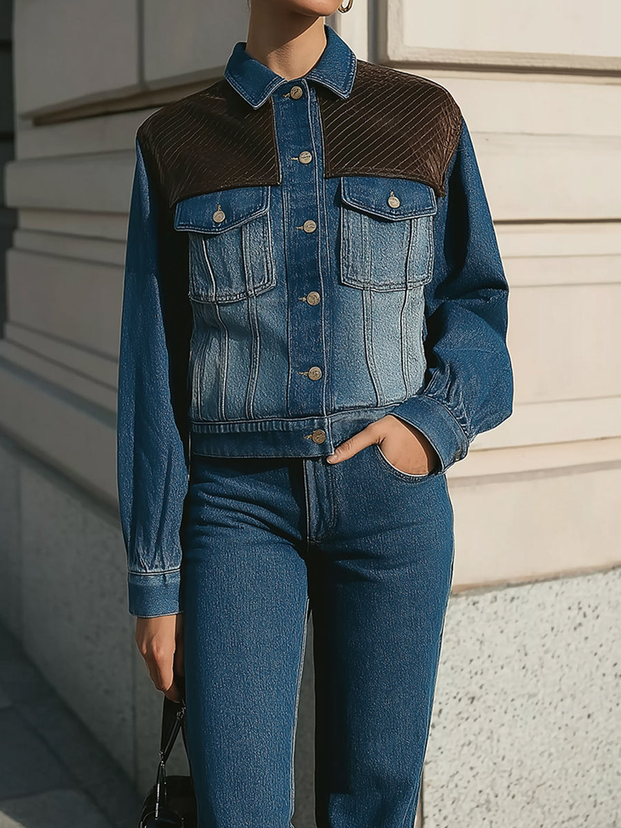 Minimalist Layered Sense Two-Tone Denim-Corduoy Jacket