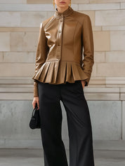 Androgynous Chic Structured Pleated Hem Eco-friendly Leather Jacket