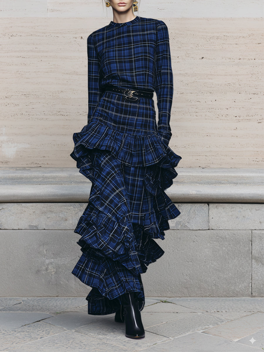 Uniquely Designed Cotton Plaid Multi-layer Ruffle Hem Maxi Dress