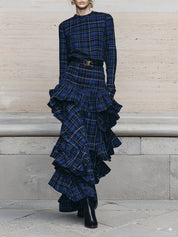 Uniquely Designed Cotton Plaid Multi-layer Ruffle Hem Maxi Dress