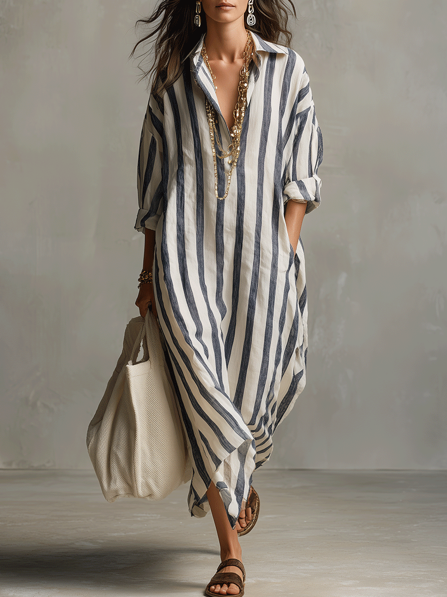 fitted lace wedding dress Casual Striped Loose-Fit Maxi Shirt Dress for Women