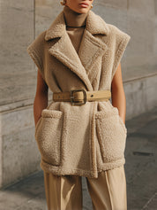 Quiet-Luxury Oversized Belted Faux Teddy Wool Vest