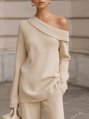 Uniquely Designed One-shoulder Drop-sleeve Straight Fine Knit Sweater