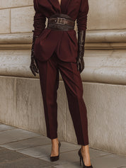 Power Dressing Style Burgundy Sculptural Wool Suit With Glossy Crocodile Eco-leather Waistband